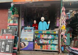 The pharmacy with illustrations of the owners