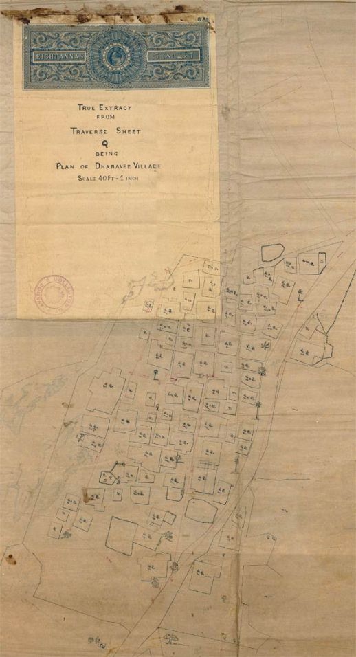 Undated map of Dharavi Koliwada, the fisher folk village that gave Dharavi its name. The map is stamped by the Collector of Mumbai, a colonial department in charge of surveying the city’s land.