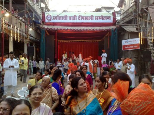 Residents of Khotachiwadi celebrate the Diwali in front of the 150 years old Khanderao chawl. The Diwali Sammelan festival was started over 75 years ago by Mangesh Rane ji who is the oldest resident of Khotachiwadi.