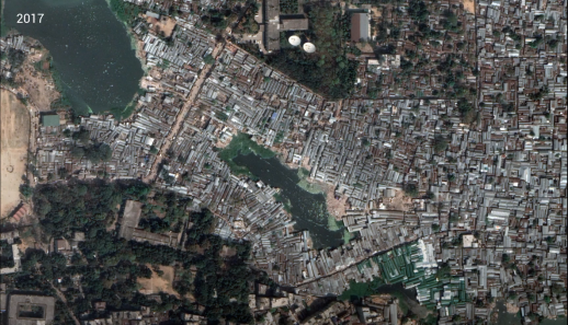 Evolution of the urban form in Karail, Dhaka from 2001-2018.