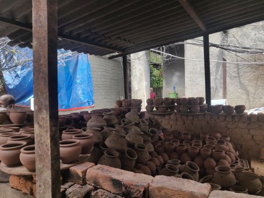 Pots stored inside a kiln after the baking process is over.