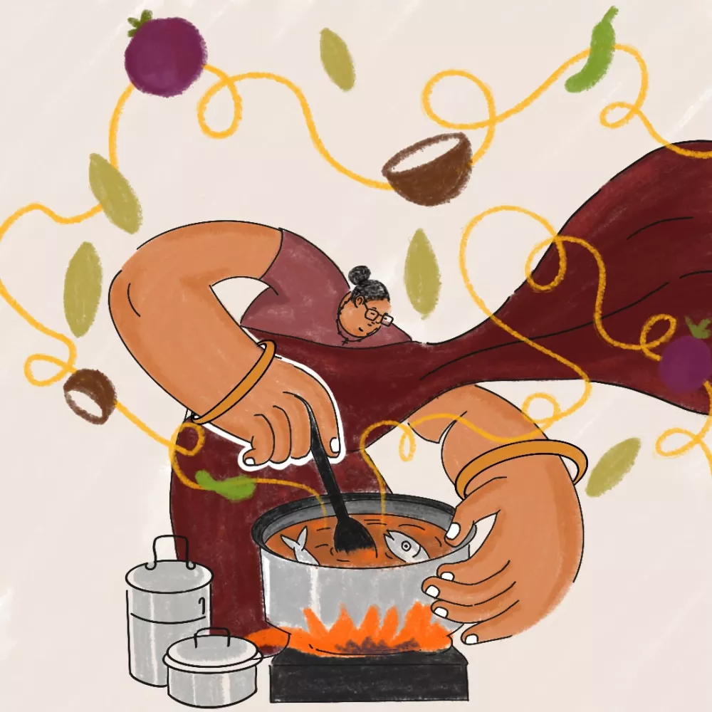 Hand-drawn illustration of Mary Maushi stirring fish curry, with exaggerated oversized hands, a tiny head, steel dabbas and floating food elements.